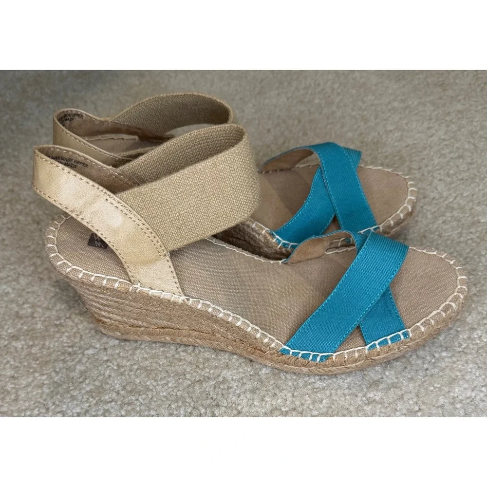 White‎ Mountain Laughline Teal Blue Tan Espadrille Wedge Sandals Womens 9M